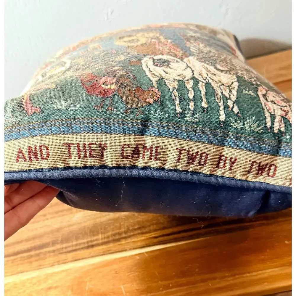Vintage Noah's Ark Tapestry Pillow | Woven Animal Cushion, Folk Art Decor